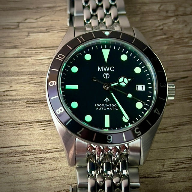 MWC Classic 1960s Pattern Dual Time Zone Automatic Divers Watch with Retro Luminous Paint and Sapphire Crystal on Matching Stainless Steel Bracelet