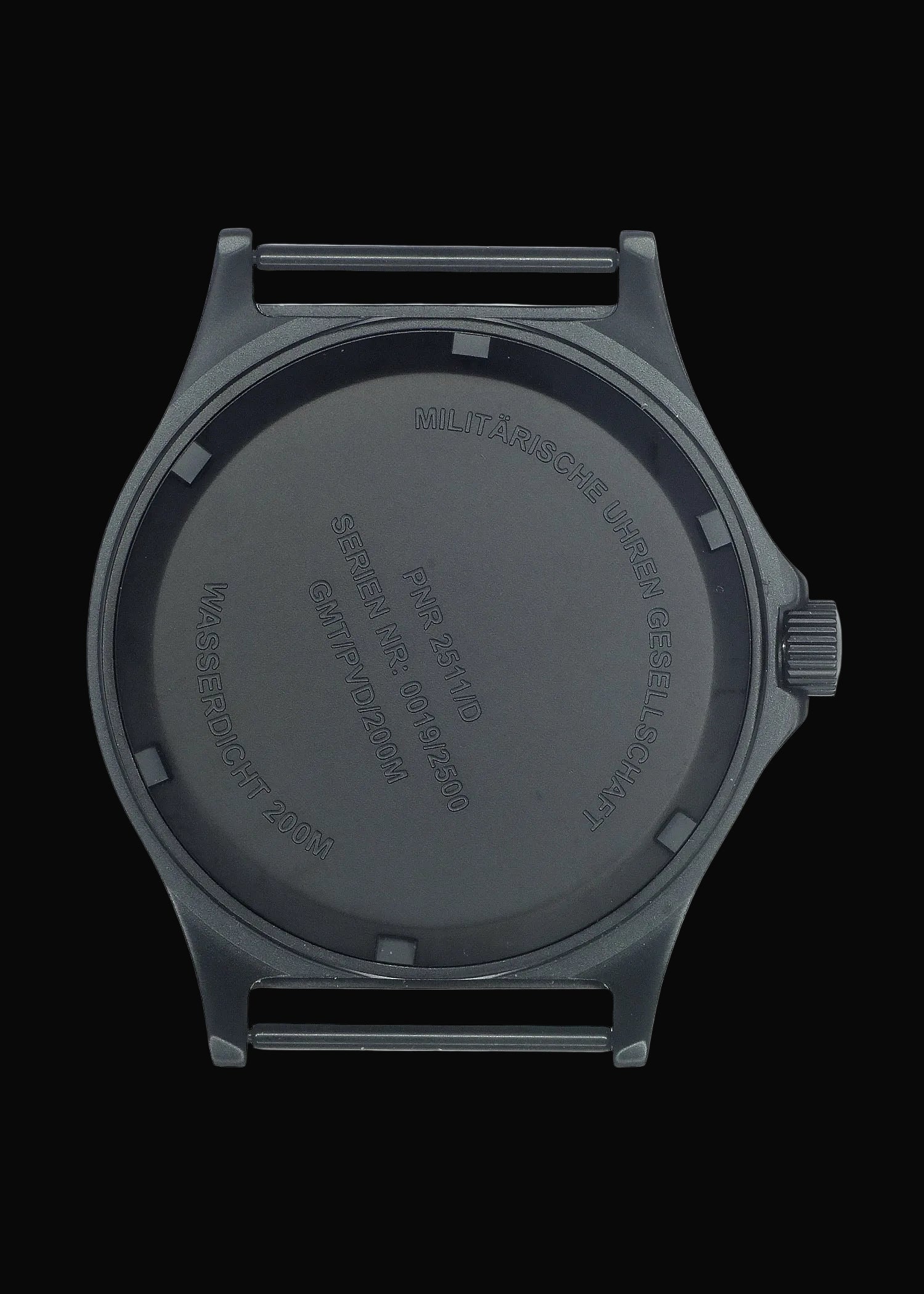 MWC GMT (Dual Time Zone) 200m/660ft Water resistant Military Watch in Black PVD Steel Case with Screw Crown