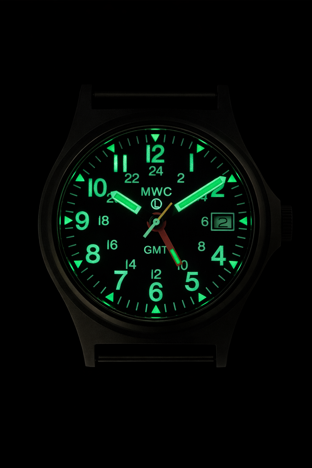 MWC GMT (Dual Time Zone) 200m/660ft Water resistant Military Watch in Black PVD Steel Case with Screw Crown