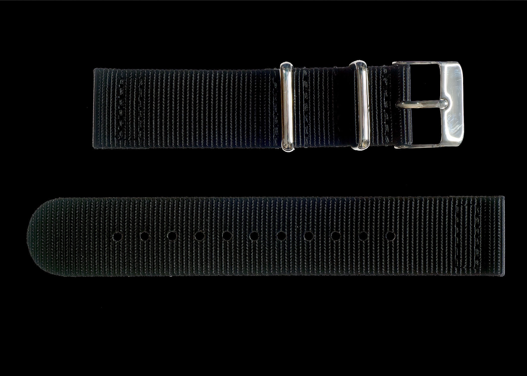 2 Piece 22mm Black NATO Military Watch Strap in Ballistic Nylon with Stainless Steel Fasteners